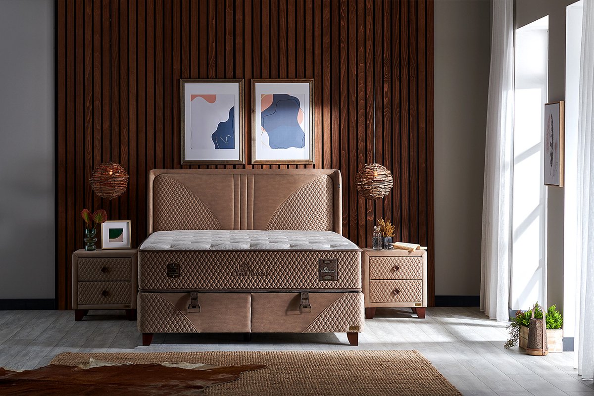 BSS Bedding Clima Naturel - Bed Boxspring Set - Complete Boxspring - 140x200 - Slaapkamerbed - 1 x Matras met Topper, 2 x Bedbox, 1 x Hoofdbord - Bruin