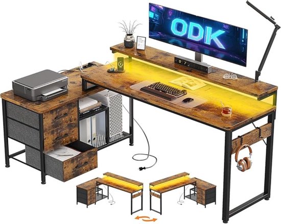 Multifunctioneel Bureau – Hoekbureau – Game Bureau – Jongens – Volledige Set – Stopcontacten – USB Poorten – Eenvoudige Montage – Bruin