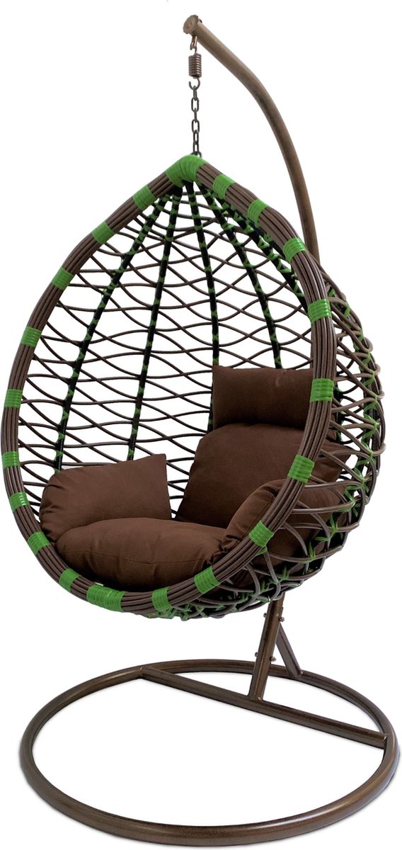 Rijoka Hangstoel Eggy Waves Schommelstoel – Bruin en Groen Rattan - Bruin Kussen - Bruin Frame - Large - Voor personen 1.90m Max.