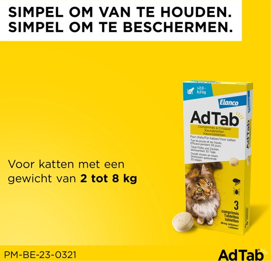 AdTab verpakking voor katten van 2-8 kg met een bruin-grijze kat.