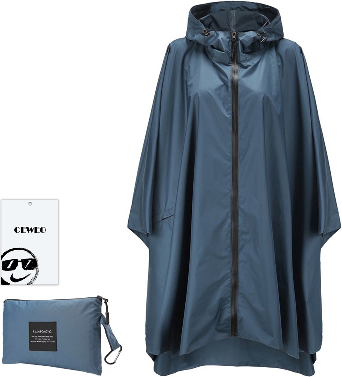Geweo Regenponcho Volwassenen - Regenmantel Poncho - Raincoat Heren -Fietsponcho - Fietsponcho Fiets Dames - Herbruikbaar- One Size - Unisex - Adjustable Hood en Snap-buttons - Donkerblauw