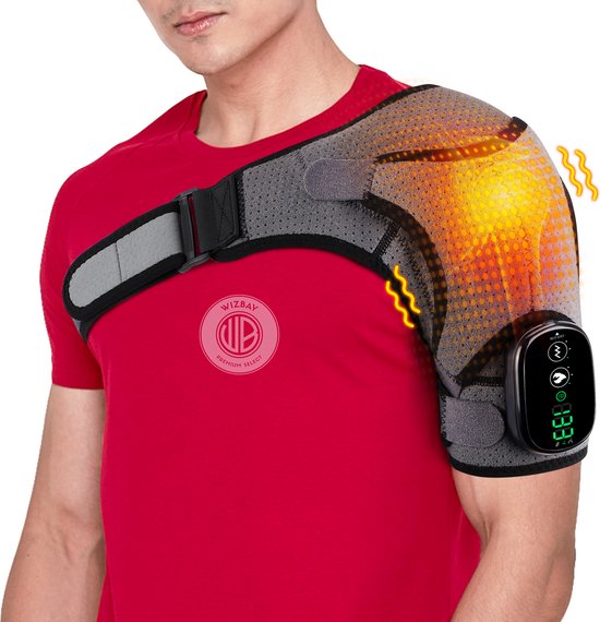 WizBay Premium Select Orthèse de Massage d'épaule 2 en 1 - 3 modes de chaleur et de vibration - Design en 3 dimensions enveloppante douce - Ordinateur à bouton tactile LED - Grijs