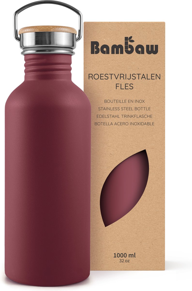 Bambaw® Waterfles 1 liter - Enkelwandige drinkfles - Lekvrij, Plasticvrij met Bamboe Dop - Waterflessen Volwassenen - Waterfles RVS - Perfect voor Reizen, Wandelen, Dagelijks Gebruik, Kamperen - Water Fles - Camping - Rood