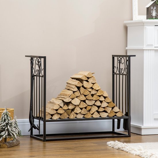 HOMCOM Brandhoutrek, Brandhoutopbergruimte, Houtstandaard, 100 Kg Staal Zwart 40 L X 25 B X 100 H Cm~0ueqcri79cg01