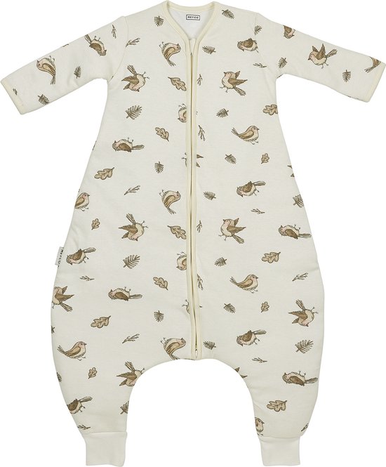 Witte slaapzak met rits en all-over print van vogels en bladeren.