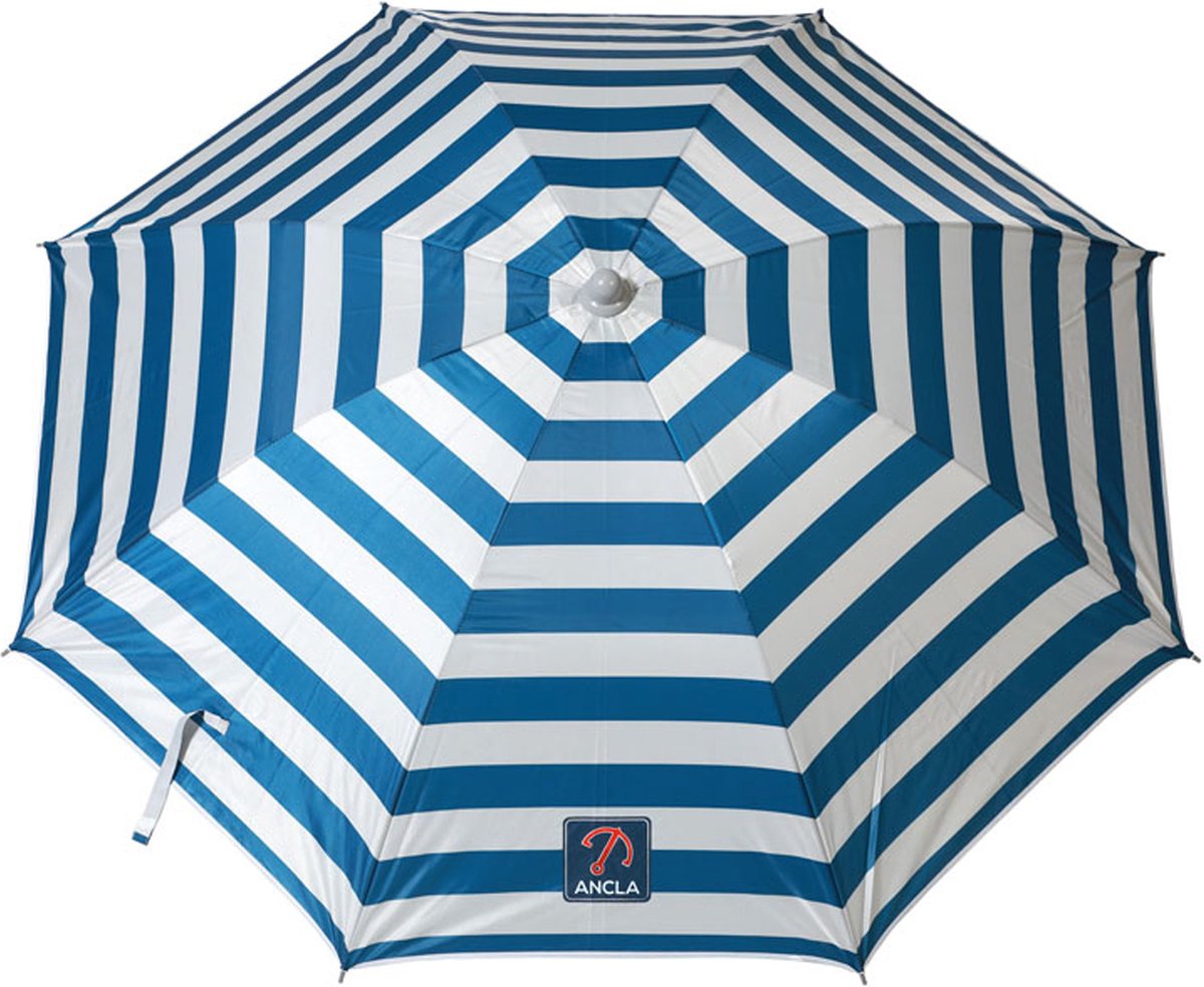 Stylish blue and white Atosa Design parasol with 8 panels, metal/nylon construction - D160 x H200 cm - perfect for summer/beach.