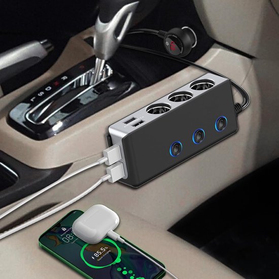 Autolader 120 W sigarettenaanstekeradapter 2-weg schakelaar 12 V/24 V autostopcontact met dubbele 2,4 A USB-adapter en type C-aansluiting voor de auto