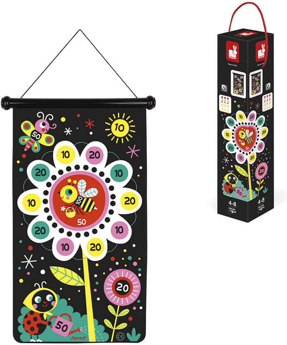 Janod Spel - Dartspel Tuin - Een Dubbelzijdig Magnetisch Dartbord Voor Twee Keer Zoveel Plezier! - Daag Je Naasten Uit Voor Een Wedstrijd Met De 6 Bijgeleverde Gekleurde Darts - Geschikt Vanaf 4 Jaar