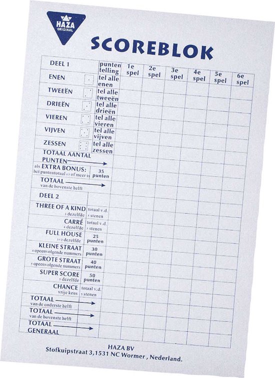 Scoreblok met witte pagina's en blauwe lijnen en tekst. Titels: DEEL 1, ENEN, TWEEËN, DRIEËN, VIJVEN, ZESSEN, TOTAAL AANTAL PUNTEN, TOTAAL, DEEL 2, THREE OF A KIND, CARRÉ, FULL HOUSE, KLEINE STRAAT, GROTE STRAAT, SUPER SCORE, CHANCE, TOTAAL van de onderste helft, TOTAAL van de bovenste helft, TOTAAL GENERAAAL. Bedrijfslogo HA ZA B.V.
