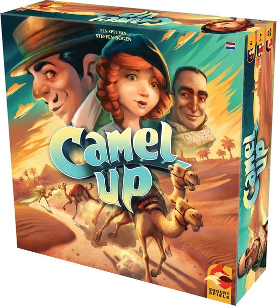 De doos van het bordspel Camel Up, met een tekening van kamelen in de woestijn, met de titel 'Camel Up'.