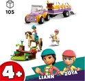 Voiture et remorque LEGO Friends jaunes et violettes, deux chevaux, un obstacle de saut et les figurines Lianna et Zoya.