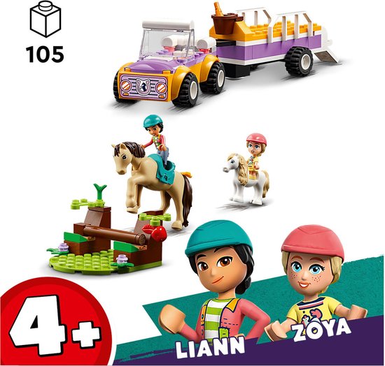 Voiture et remorque LEGO Friends jaunes et violettes, deux chevaux, un obstacle de saut et les figurines Lianna et Zoya.