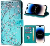 Multimedia & Accessoires Lederen Book Case Hoesje geschikt voor Apple iPhone 13 – Sierkers - Bloemen – Blauw -Telefoonhoesje – Met Stand – Kaarthouder – Pasjes Houder – Magneet Sluiting – Bookcase