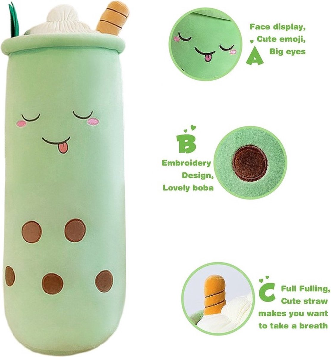 Happy Trendz® Bubble Tea Plushe Knuffels - XL Kawaii Kussen Pakket - Extra Lange Bubble Tea Knuffel 110cm Boba Knuffel- Groen - Squishy- Kawaii - musthave - Quality