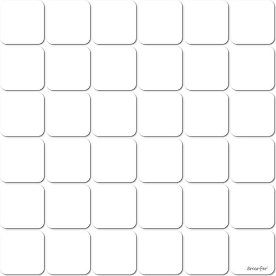 30 witte vierkante magneetjes gerangschikt in een raster.