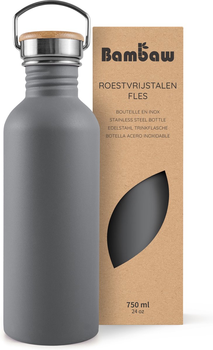Bambaw® Waterfles 750ml - Enkelwandige drinkfles - Lekvrij, Plasticvrij met Bamboe Dop - Waterflessen Volwassenen - Waterfles RVS - Perfect voor Reizen, Wandelen, Dagelijks Gebruik, Kamperen - Water Fles - Camping - Donkergrijs