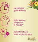 Iconen en tekst van Robijn die langdurige geur, kleurbehoud en een tropische geur beschrijven.
