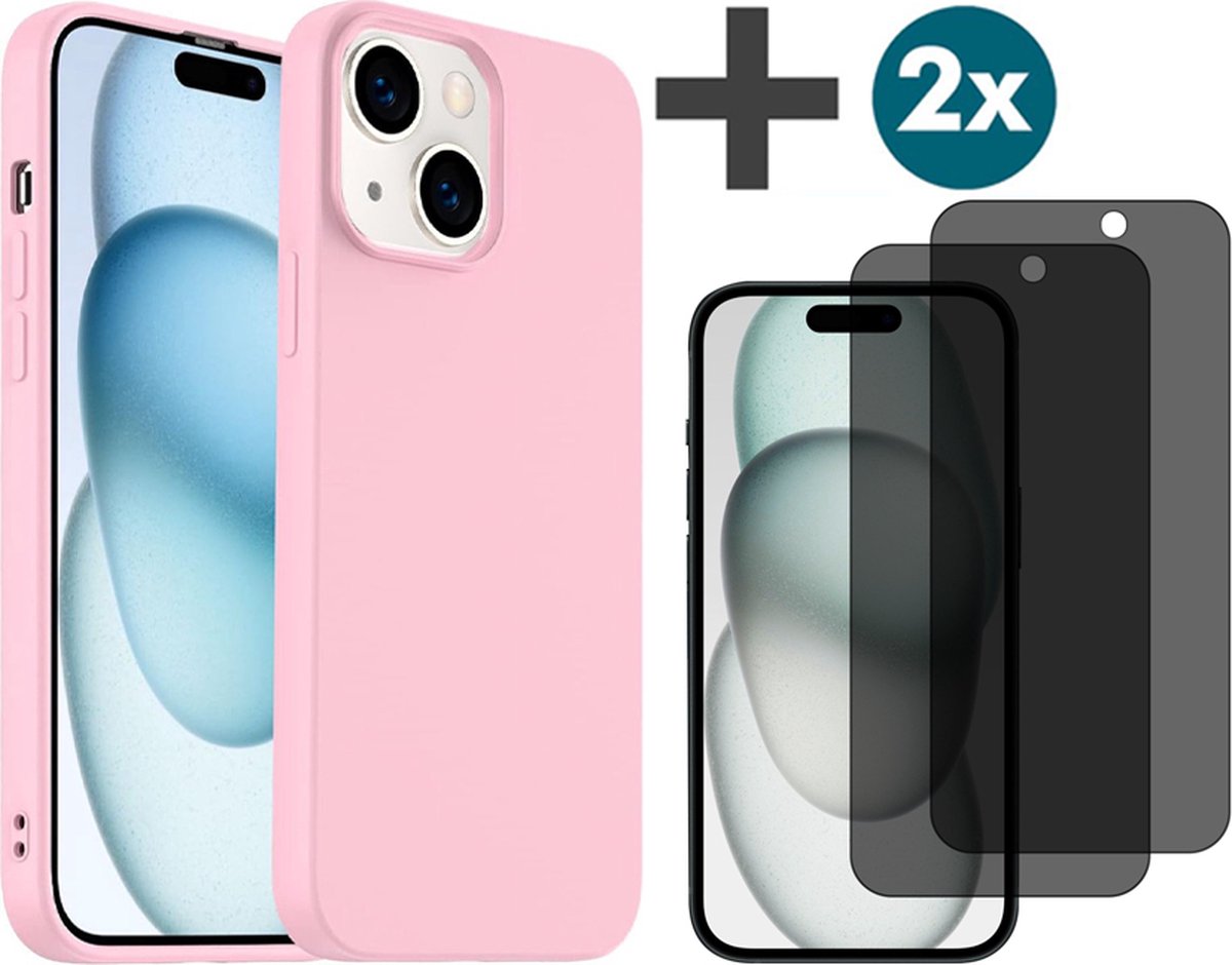 Hoesje met Privacy Screenprotectors 2 Stuks Geschikt voor iPhone 15 Hoesje Siliconen - liquid case - Arara Backcover - Roze