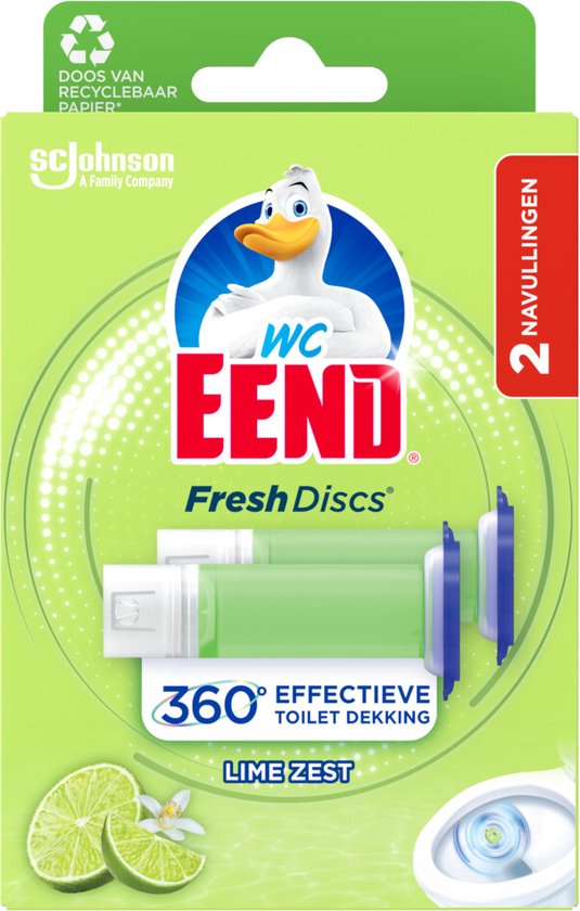 WC Eend Fresh Discs Duo navulling, 2 stuks, met limoengeur. De verpakking is lichtgroen met een eend-logo en een afbeelding van limoenen.