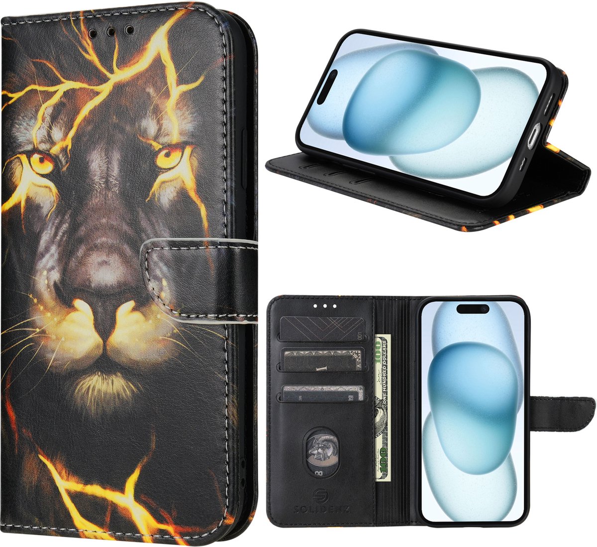 Solidenz hoesje - Geschikt voor Apple iPhone 16 - Bookcase - Leeuw