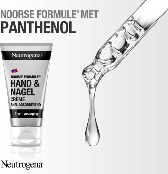 Neutrogena Hand & Nagel crème, met panthenol en een druppel op een pipet.