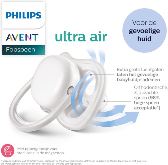 Philips Avent Ultra Air Day & Night 6-18 mois - 2 sucettes - bleu/gris - Pour jour et nuit SCF085/70
