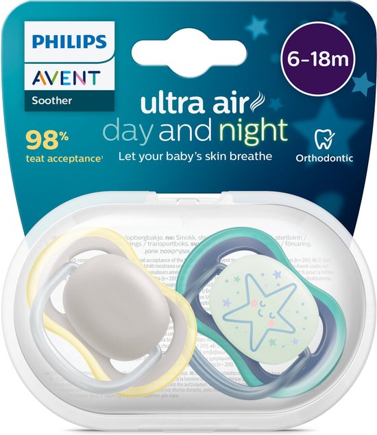 Philips Avent Ultra Air Day & Night 6-18 mois - 2 sucettes - bleu/gris - Pour jour et nuit SCF085/70