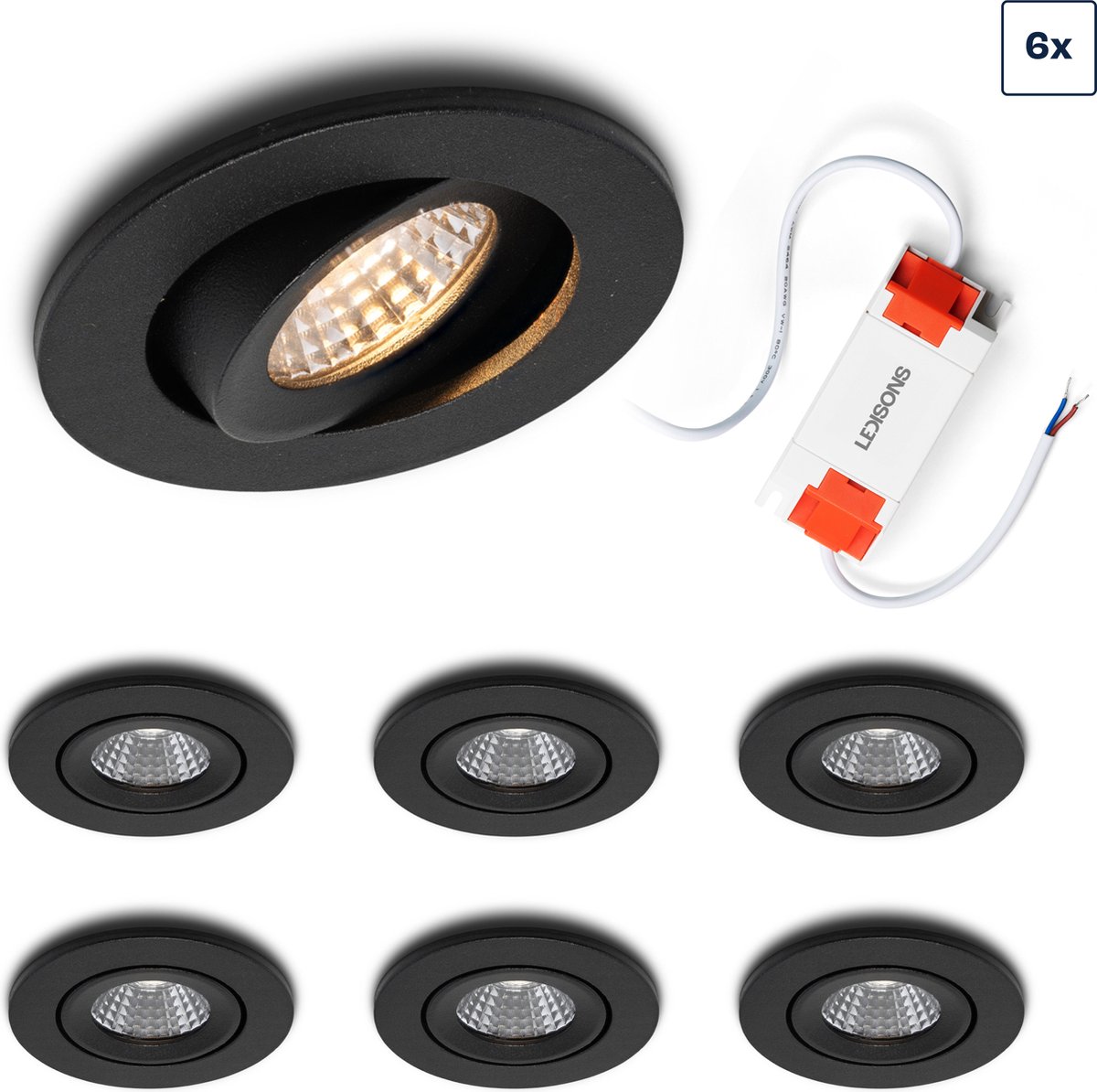 Ledisons LED inbouwspot Midi set 6 stuks zwart dimbaar 62 mm 5 jaar garantie 3000K (warm-wit) 270 lumen 3 Watt IP54