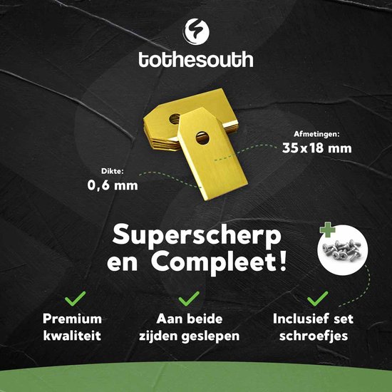 Lames dorées pour robot tondeuse, 35x18 mm, 0,6 mm d'épaisseur. Super affûtées, double tranchant, vis incluses.