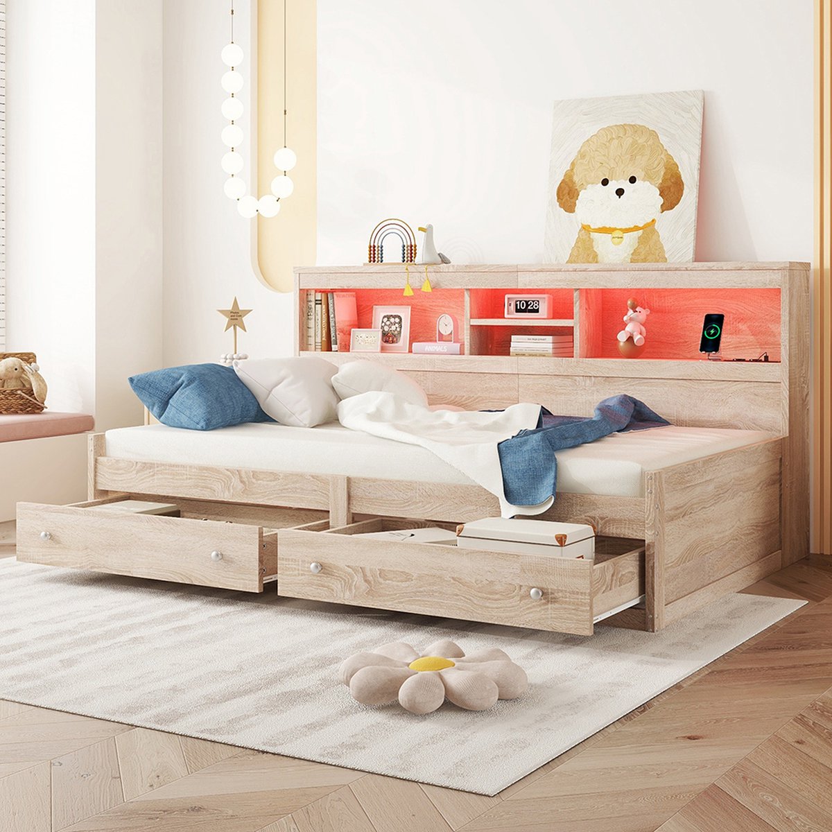 KOMHTOM Bed Slaapbank 90x200 met 2 USB en 2 oplaadcontactdozen met twee laden Zonder matras Spaanplaat Natuurlijke kleur