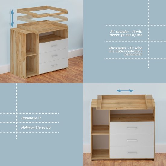 Infantastic® Luiertafel - 3 Laden & 3 Open Compartimenten, 113 x 53 x 101.6 cm, MDF Houten Deeltjes, Grijs/Wit - Tafel/Station, Wisselaar, Ladenkast voor babykamers, Meubels voor babykamers