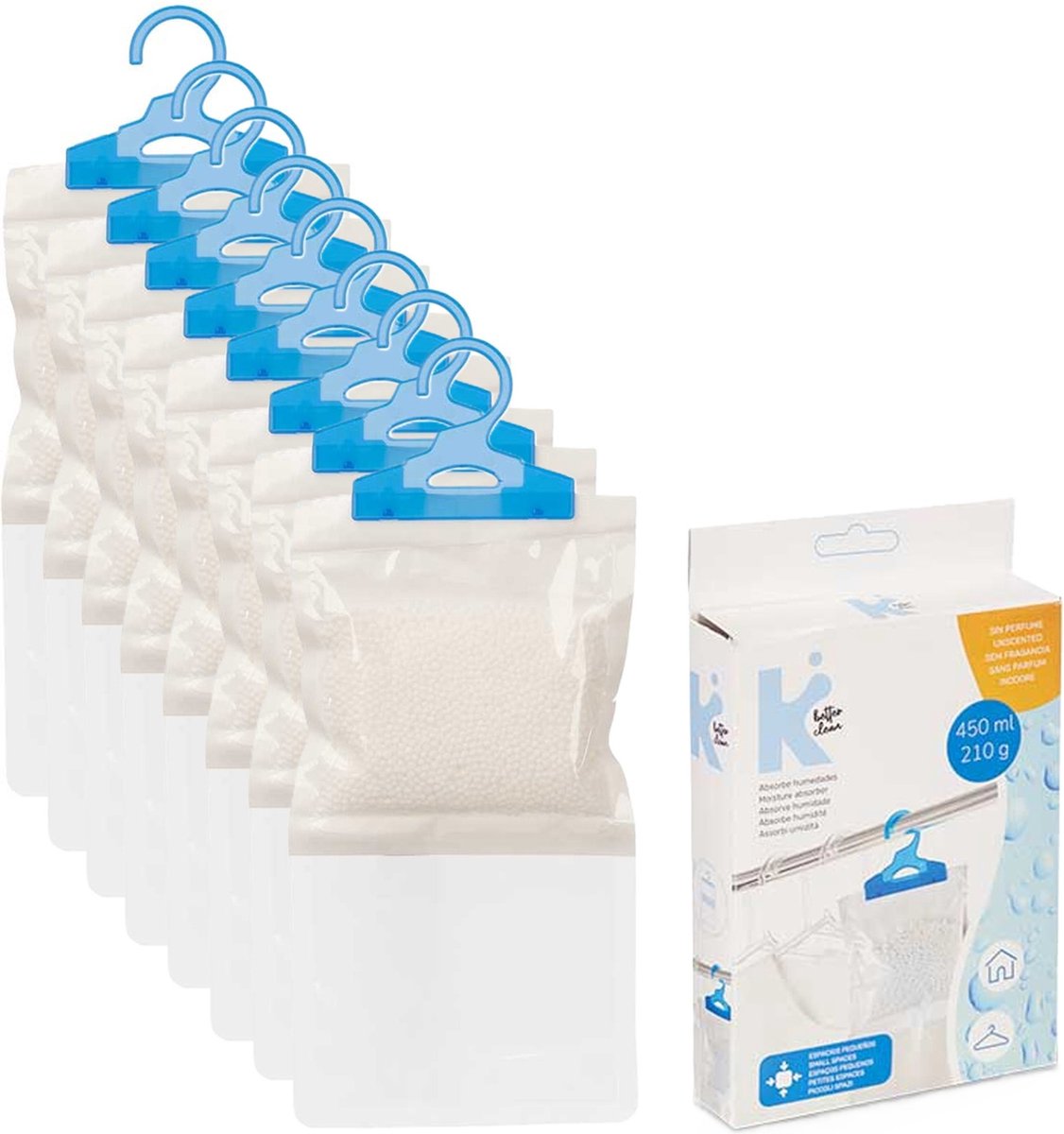 Bol.com Vocht opnemende korrels 450 gram - 8x - Tegen schimmel/condens/geur - kledingkasten - vochtvanger aan ophang haak - 12 x... aanbieding
