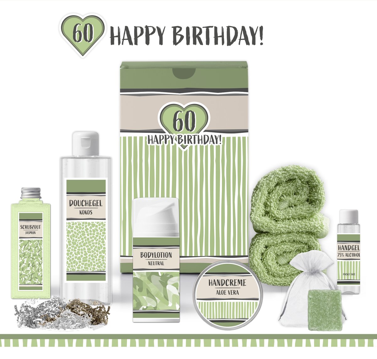 Goedkoopste Geschenkset “60 Jaar Happy Birthday!” - 8 producten - 770 gram | Giftset voor haar - Luxe wellness cadeaubox - Verwen Cadeau vrouw - Gefeliciteerd - Set Verjaardag - Geschenk Zestig jarige - Cadeaupakket moeder - Verjaardagscadeau - Pakket - Groen