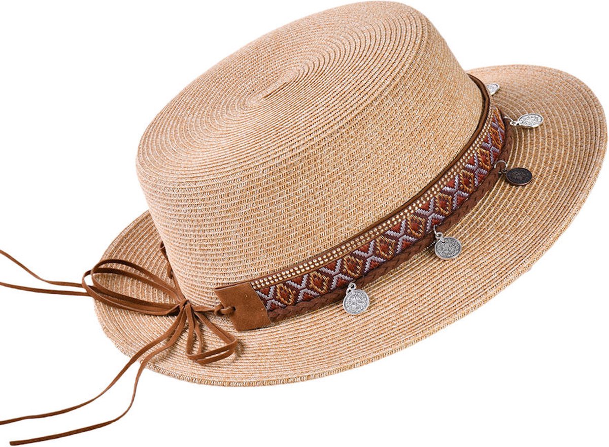 Decopatent - Zonnehoed Dames Rond - Bedels en Sierrand Zomerhoed - Strohoed UV - Ø58 cm - Strandhoed Hoofddeksel Rond - Hoed voor Volwassenen - Kleur: Naturel