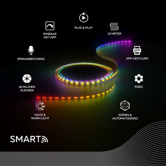 Zwarte achtergrond met een kronkelende CALEX Smart LED-strip met diverse kleuren, met icoontjes voor 'Dimbaar met app' en '16 miljoen kleuren'.