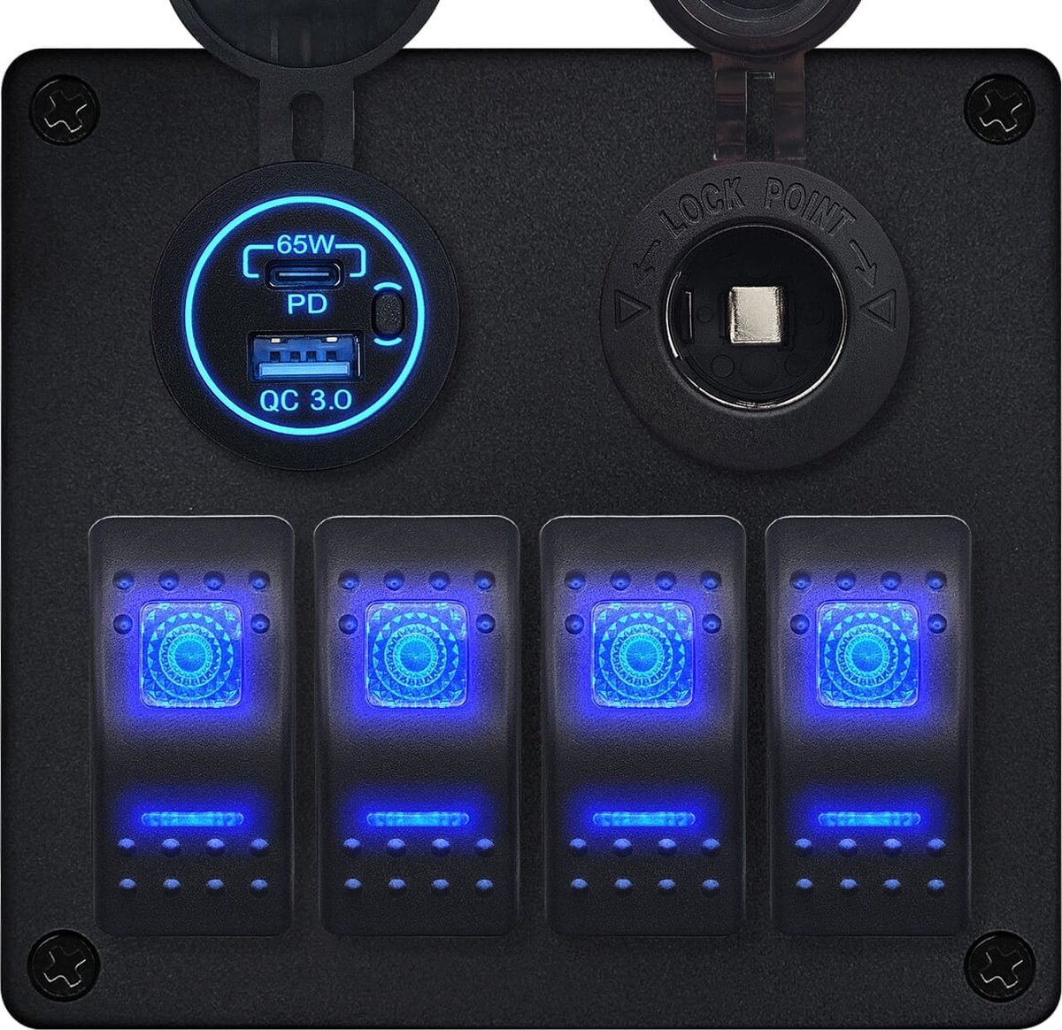 ProRide Schakelpaneel 12V voor Auto/Boot - USB C Lader 2 poorten met Sigaretten stopcontact - 65W/QC3.0 - 4 schakelaars