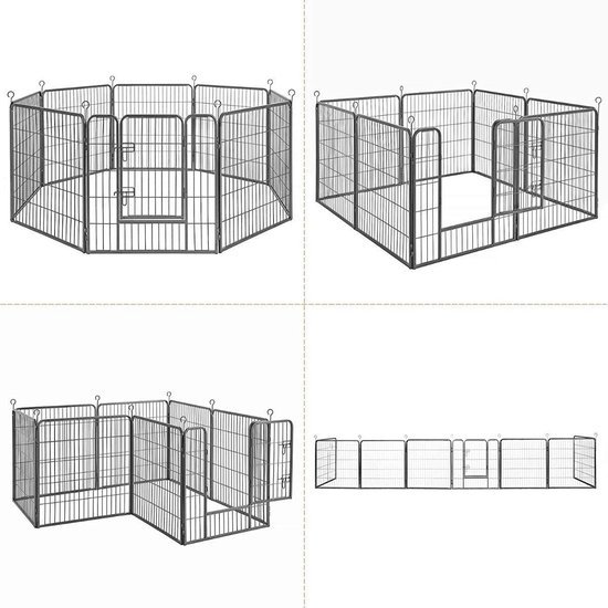 Hoppa! Songmics Hondenhekje - Puppyren - 160x160 cm - 8 Delen van 80 x 80 cm - Grijs - Metaal - vierkant, rechthoek of achthoek naar keuze