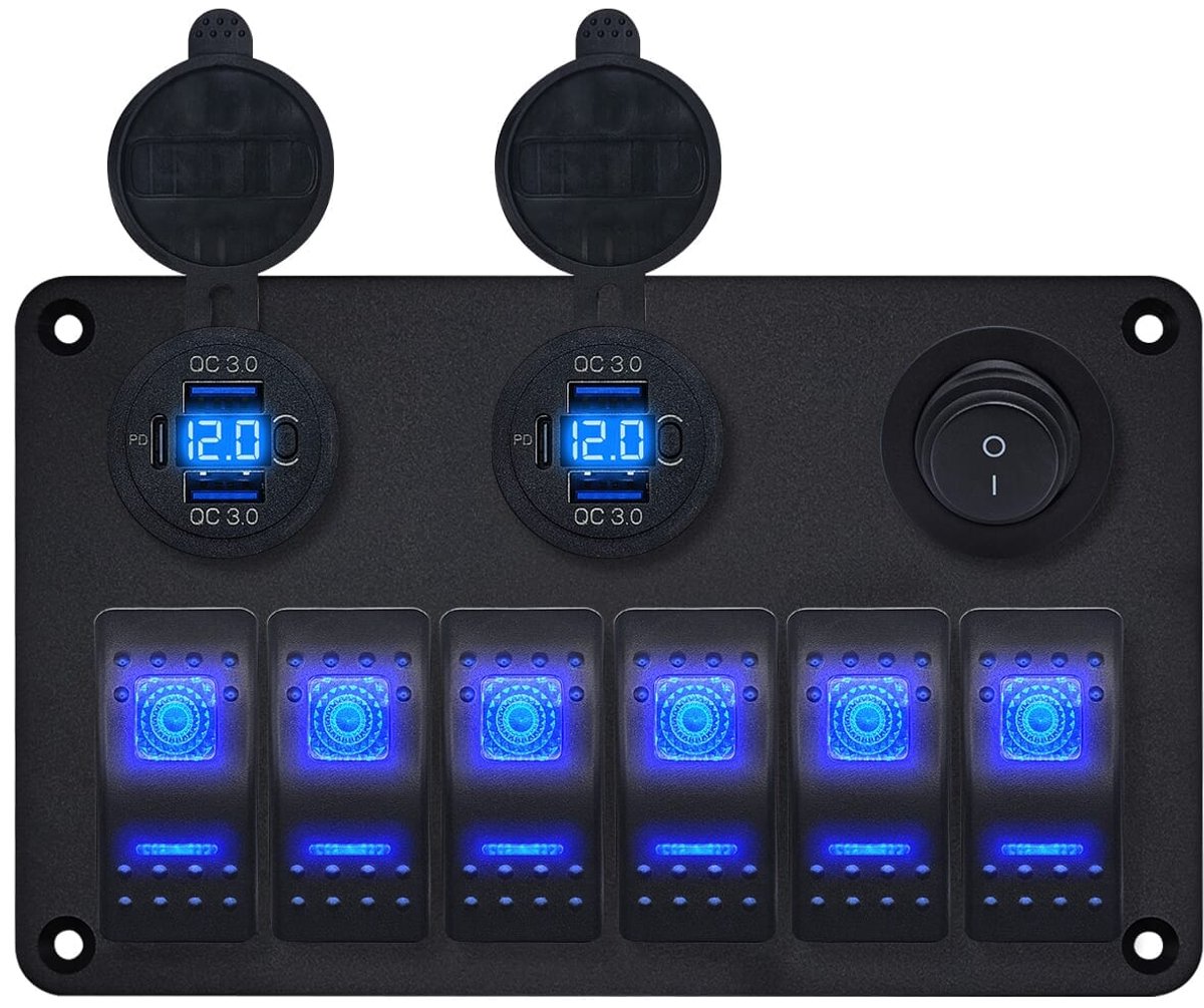 ProRide Schakelpaneel 12V voor Auto/Boot - USB C Lader 6 poorten met Schakelaar - QC3.0 - 6 Schakelaars