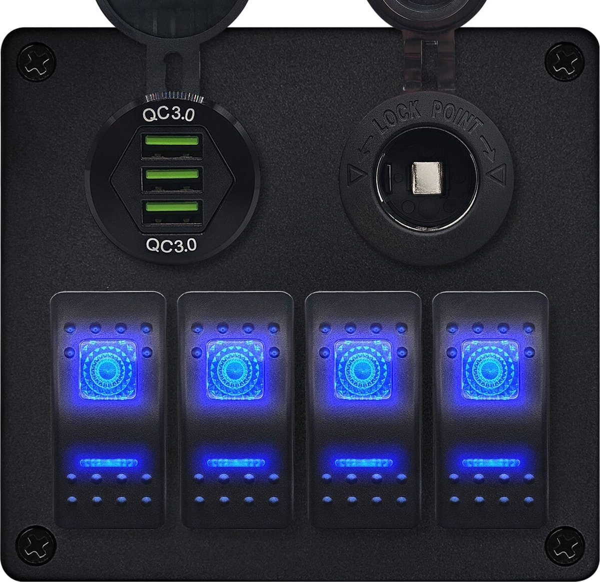 ProRide Schakelpaneel 12V voor Auto/Boot - USB Lader 3 Poorten met Sigaretten stopcontact - QC3.0 - DS2085B - 4 schakelaars