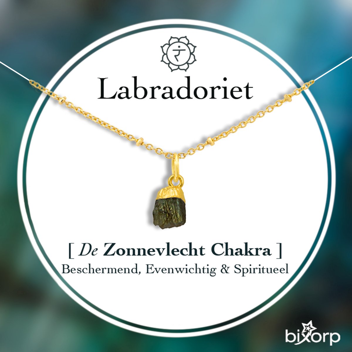 Bixorp Labradoriet Chakra Ketting - Goud Vergulden Roestvrij Staal - Ruwe Edelsteen Hanger - 36cm + 8cm verstelbaar