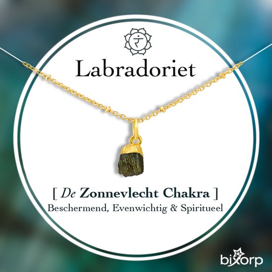 Collier Bixorp Labradorite Chakra - Acier inoxydable plaqué or - Pendentif pierre précieuse brute - 36cm + 8cm réglable