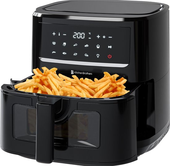 KitchenBrothers Airfryer XXL - 7.5L - 1800W - Heteluchtfriteuse - Dual Heating - 50ºC tot 200ºC - 10 Kookprogramma's - Zwart