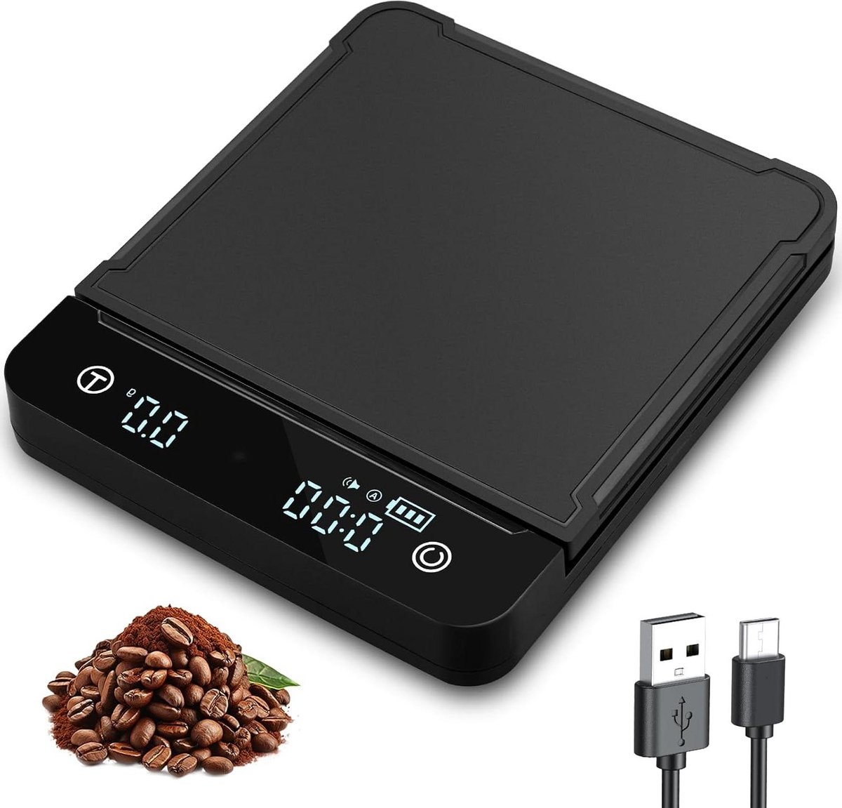 Digitale koffieweegschaal met timer en automatische tara mini digitale weegschaal zakformaat 01-3000 g touch sensor warmtebeschermingsmat oplaadbaar keukenweegschaal zwart