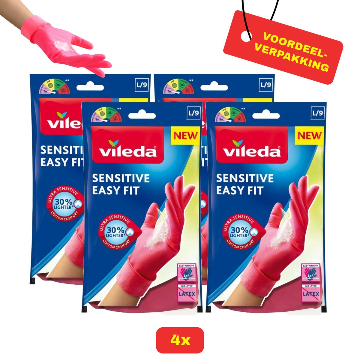 Goedkoopste 4x Vileda Sensitive Easy Fit Huishoudhandschoen - Maat L - Voordeelverpakking!