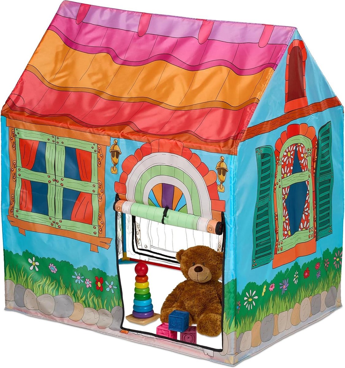 Landelijk huisje speeltent 103x96x75 cm binnen speelhuisje 2 ingangen kindertent kleurrijk