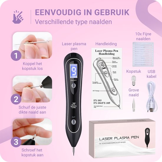 Illustratie van het bevestigen van een naald op een zwarte laser plasmabehandelingspen, met handleiding, verschillende naalden en USB-kabel.