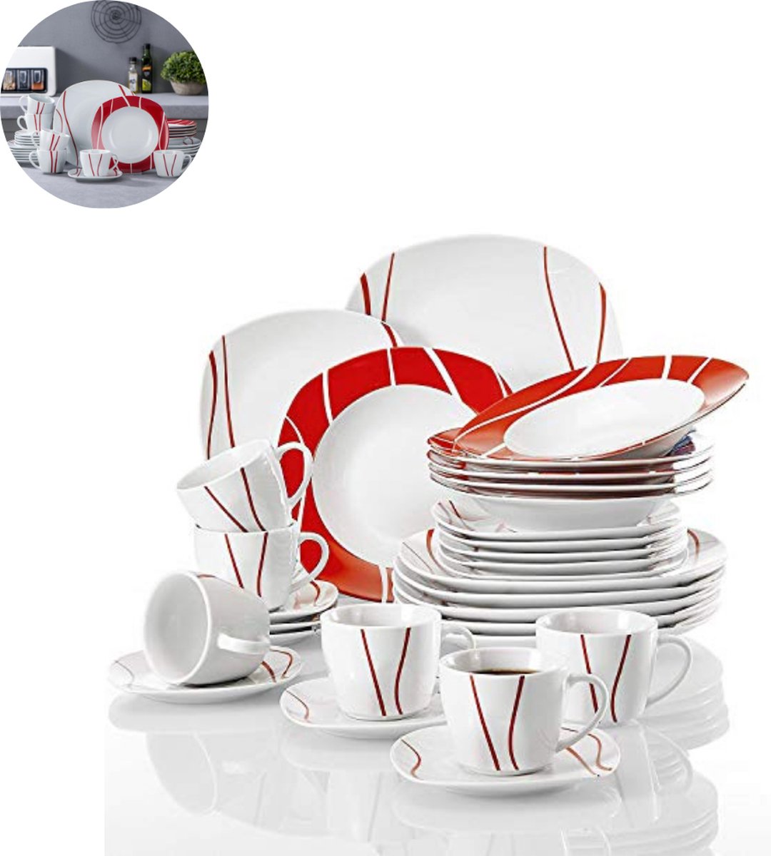 LBB Luxe Serviesset – 30 delig – 6 persoons – Porselein Bordenset – Dinner platen – Dessertborden Kommen Mokken Schaaltjes Wit Rood