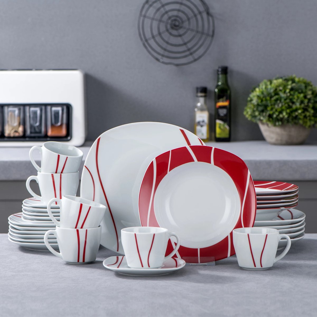 Luxe Serviesset – 30 delig – 6 persoons – Porselein - Bordenset – Dinner platen – Dessertborden - Kommen - Mokken - Schaaltjes - Wit/ Rood