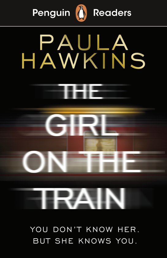 Boekomslag van 'The Girl on the Train' met wazige treinwagon op de achtergrond.