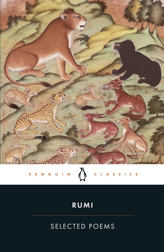 Couverture du livre 'Selected Poems' de Rumi, illustrant des animaux dans un paysage.